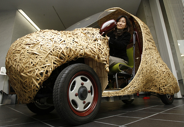 ''Bamgoo'', an electric car with a body made out of bamboo, is displayed in Kyoto
